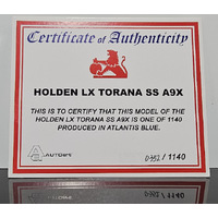 1:18 LX SS A9X Torana Atlantis Blue Certificate #0352