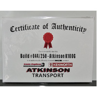 New 1:50 Kenworth K100G Atkinson Certificate & Plaque #044