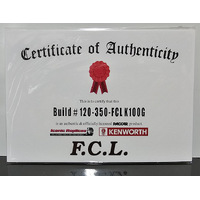 New 1:50 Kenworth K100G FCL Certificate & Plaque #120