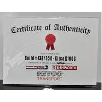New 1:50 Kenworth K100G Kitco Certificate & Plaque #138