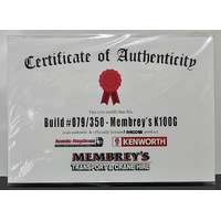 New 1:50 Kenworth K100G Membrey's Certificate & Plaque #079