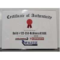 New 1:50 Kenworth K100G McAleese Certificate & Plaque #122