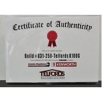 New 1:50 Kenworth K100G Telfords Certificate & Plaque #031