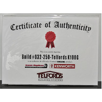 New 1:50 Kenworth K100G Telfords Certificate & Plaque #032