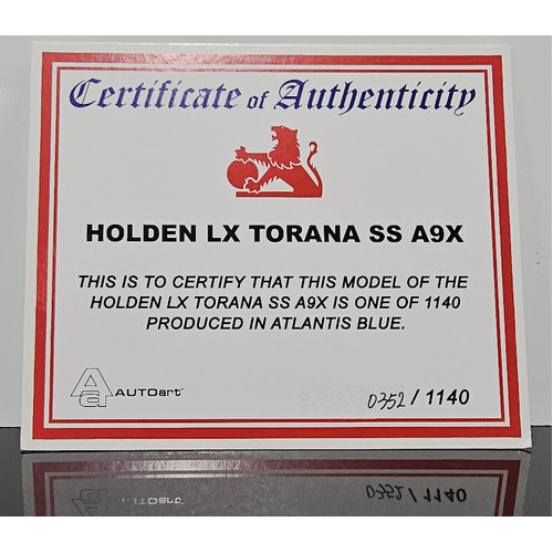 1:18 LX SS A9X Torana Atlantis Blue Certificate #0352