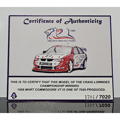 1:18 MHRT Craig Lowndes 1999 VT Commodore Championship Winning Certificate #1704