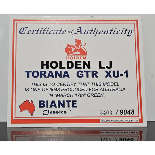 1:18 LJ GTR XU-1 HOLDEN Torana March 17th Green Certificate #3403