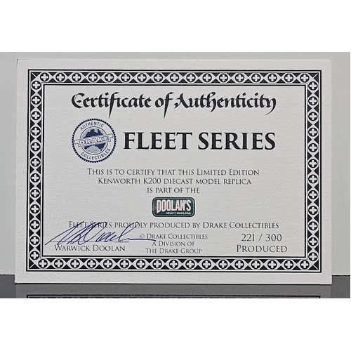 New 1:50 Drake Kenworth K200 Fat Cab Doolan's Heavy Haulage Certificate #221