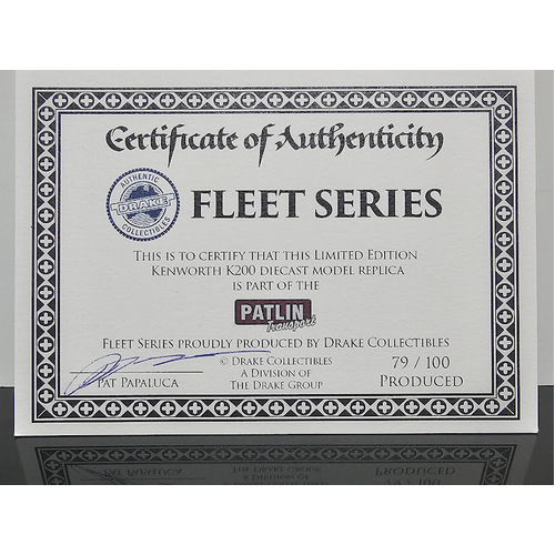 New 1:50 Drake Kenworth K200 Fat Cab Patlin Transport Certificate #079