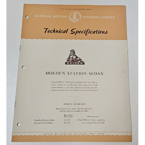 New Original GMH HOLDEN FC Technical Specifications 11 page Booklet May 1958