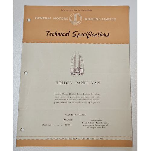 New Original GMH HOLDEN FJ Panel Van Technical Specifications 11 page Booklet August 1954