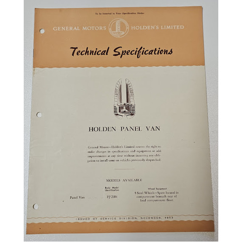 New Original GMH HOLDEN FJ Panel Van Technical Specifications 11 page Booklet November 1953
