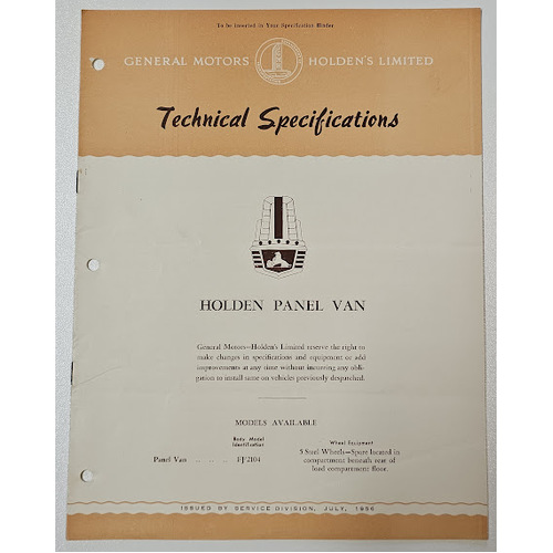 New Original GMH HOLDEN FJ Panel Van Technical Specifications 11 page Booklet July 1956 