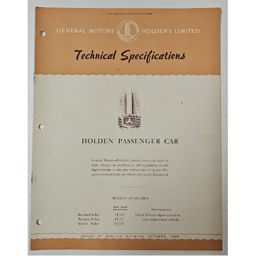 New Original GMH HOLDEN FJ Technical Specifications 12 page Booklet October 1953