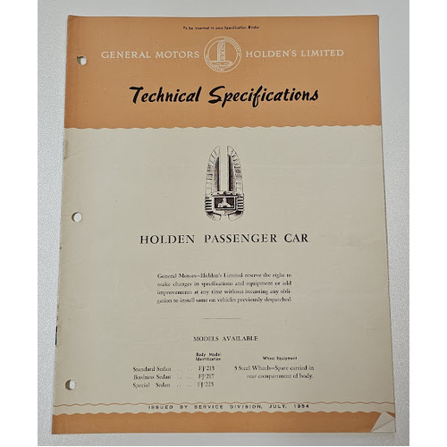 New Original GMH HOLDEN FJ Technical Specifications 12 page Booklet July 1954