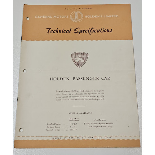 Original GMH HOLDEN FE Technical Specifications 12 page Booklet July 1956
