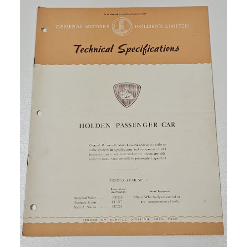 Original GMH HOLDEN FE Technical Specifications 12 page Booklet July 1956