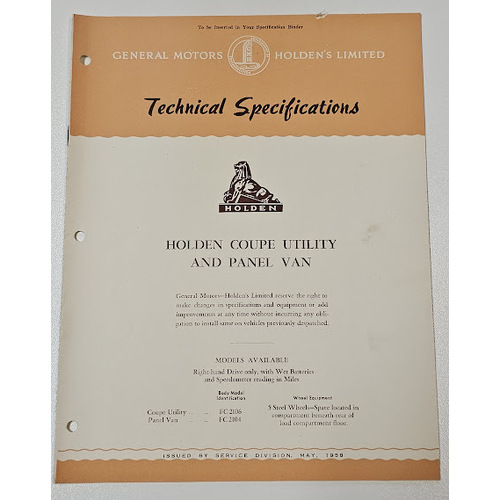 Original GMH HOLDEN FC Technical Specifications 11 page Booklet May 1958