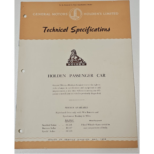 Original GMH HOLDEN FC Technical Specifications 12 page Booklet May 1958