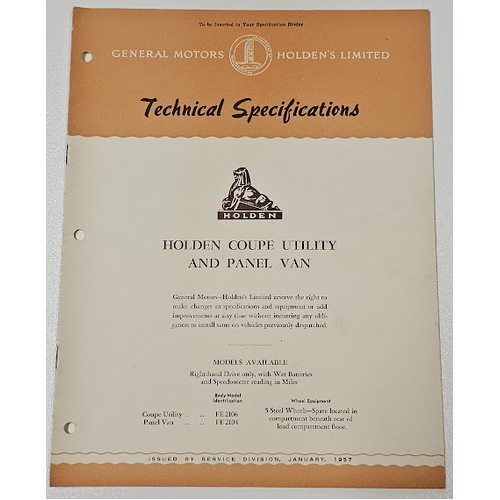 Original GMH HOLDEN FE Technical Specifications 11 page Booklet January 1957