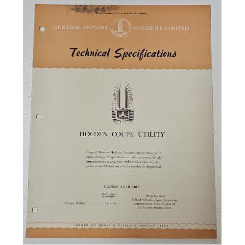 Original GMH HOLDEN FJ Technical Specifications 12 page Booklet August 1954