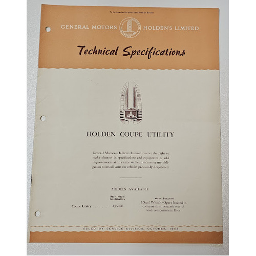 Original GMH HOLDEN FJ Technical Specifications 12 page Booklet October 1953