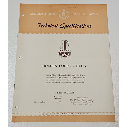 New Original GMH HOLDEN FJ Technical Specifications 12 page Booklet July 1956