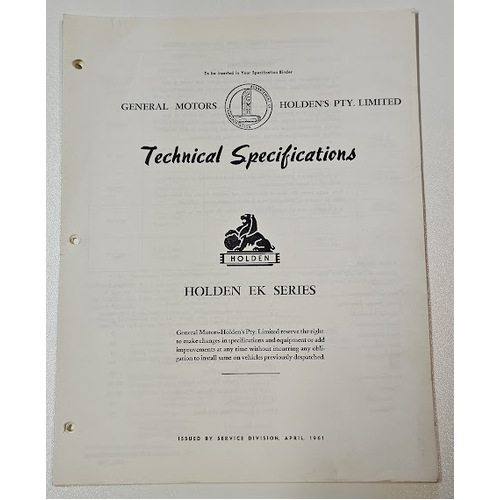 Original GMH HOLDEN EK Technical Specifications 23 page Booklet April 1961