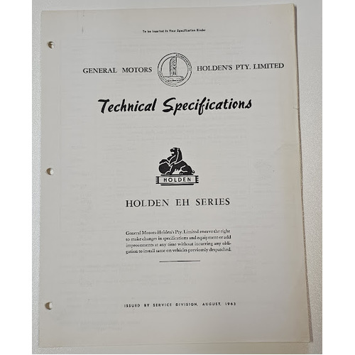 Original GMH HOLDEN EH Technical Specifications 25 page Booklet August 1963