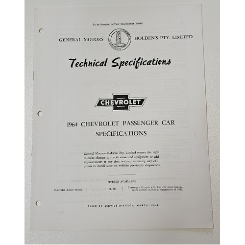 New original GMH CHEVROLET Technical Specifications 8 page Booklet March 1964