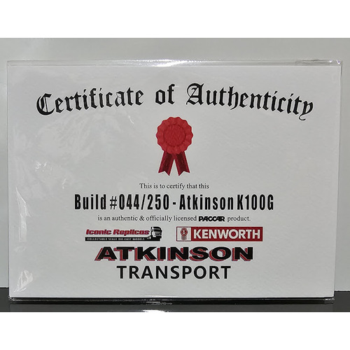 New 1:50 Kenworth K100G Atkinson Certificate & Plaque #044
