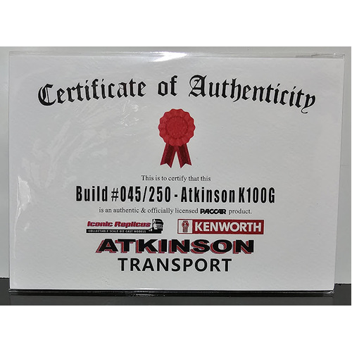 New 1:50 Kenworth K100G Atkinson Certificate & Plaque #045