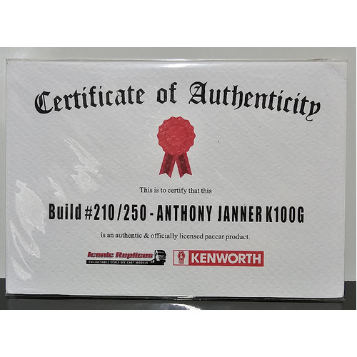 New 1:50 Kenworth K100G Anthony Janner Certificate #210