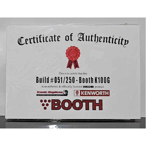 New 1:50 Kenworth K100G Booth Certificate & Plaque #051