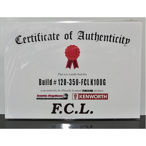 New 1:50 Kenworth K100G FCL Certificate & Plaque #120