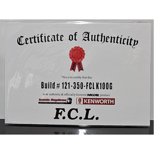 New 1:50 Kenworth K100G FCL Certificate & Plaque #121