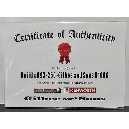 New 1:50 Kenworth K100G Gilbee & Sons Certificate & Plaque #093