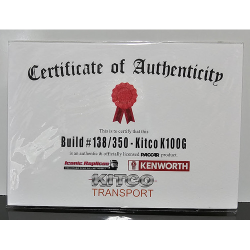 New 1:50 Kenworth K100G Kitco Certificate & Plaque #138