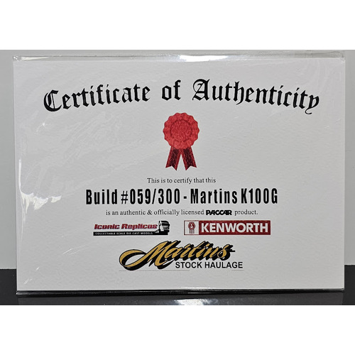 New 1:50 Kenworth K100G Martins Certificate & Plaque #059