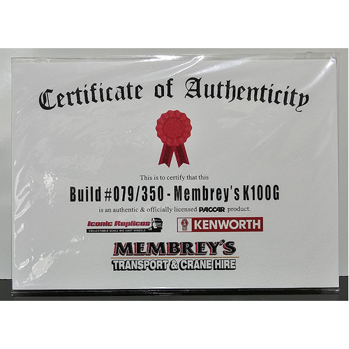 New 1:50 Kenworth K100G Membrey's Certificate & Plaque #079