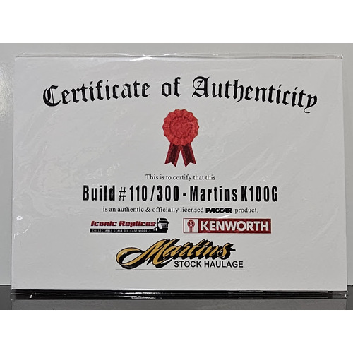 New 1:50 Kenworth K100G Martins Certificate & Plaque #110