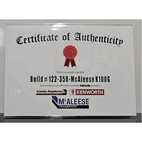 New 1:50 Kenworth K100G McAleese Certificate & Plaque #122