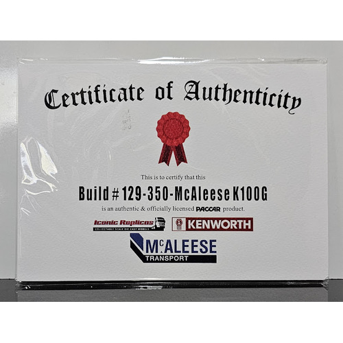 New 1:50 Kenworth K100G McAleese Certificate & Plaque #129 