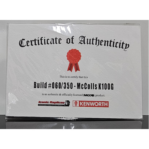 New 1:50 Kenworth K100G McColls Transport Certificate & Plaque #060