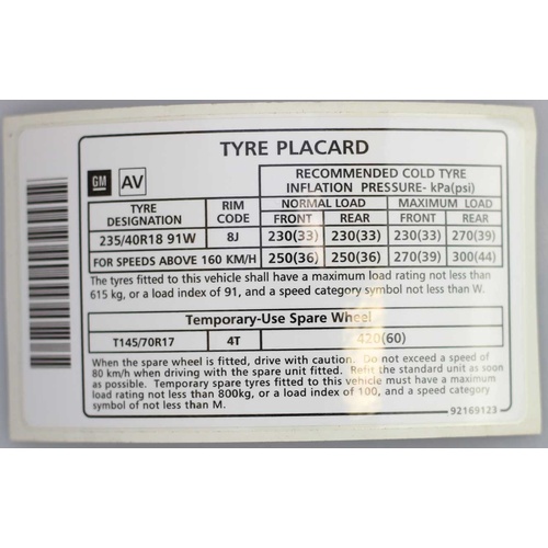 Holden VZ Commodore Tyre Placard Decal